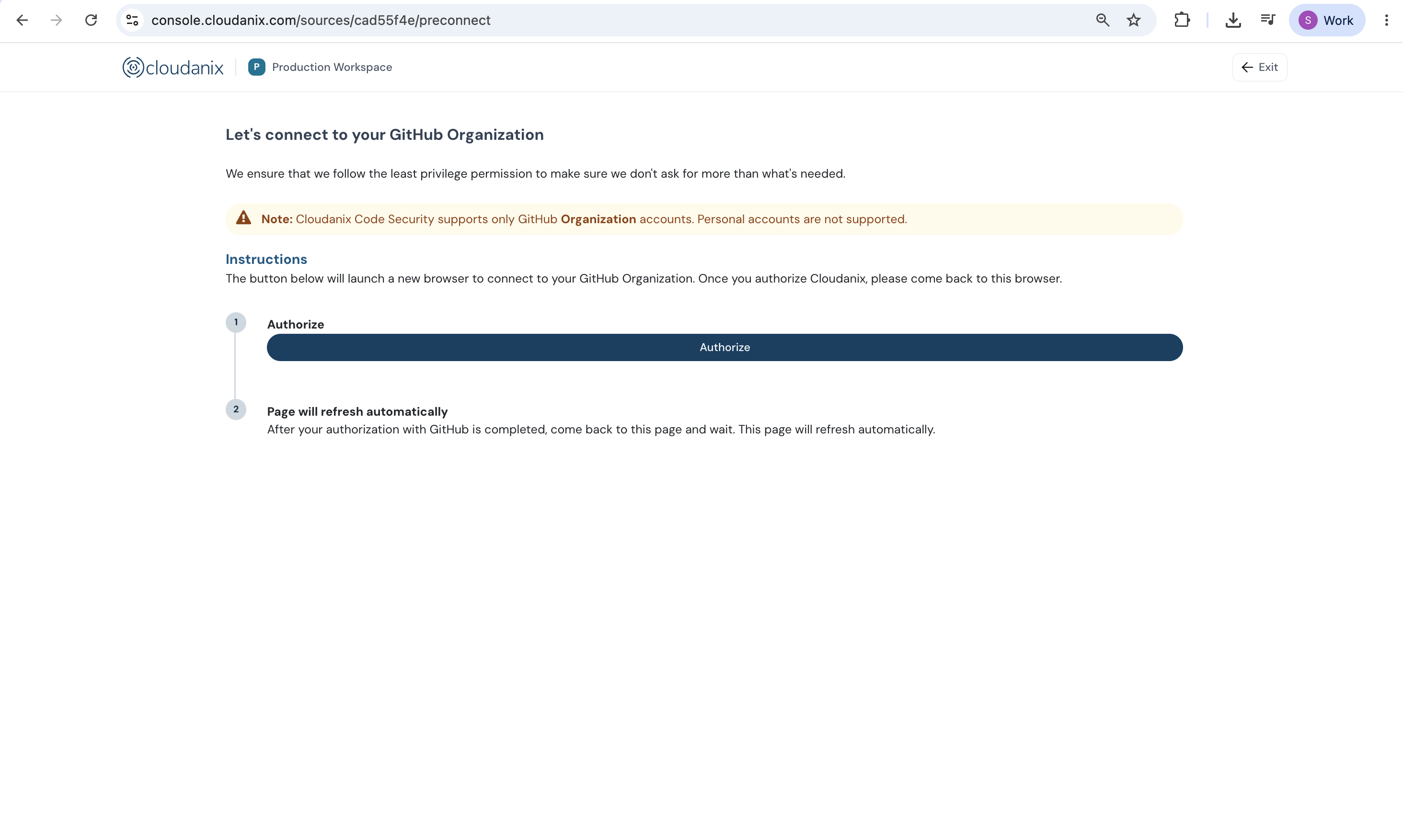 Connect to your GitHub Organization step with the Authorize button and a note that only GitHub Organization accounts are supported
