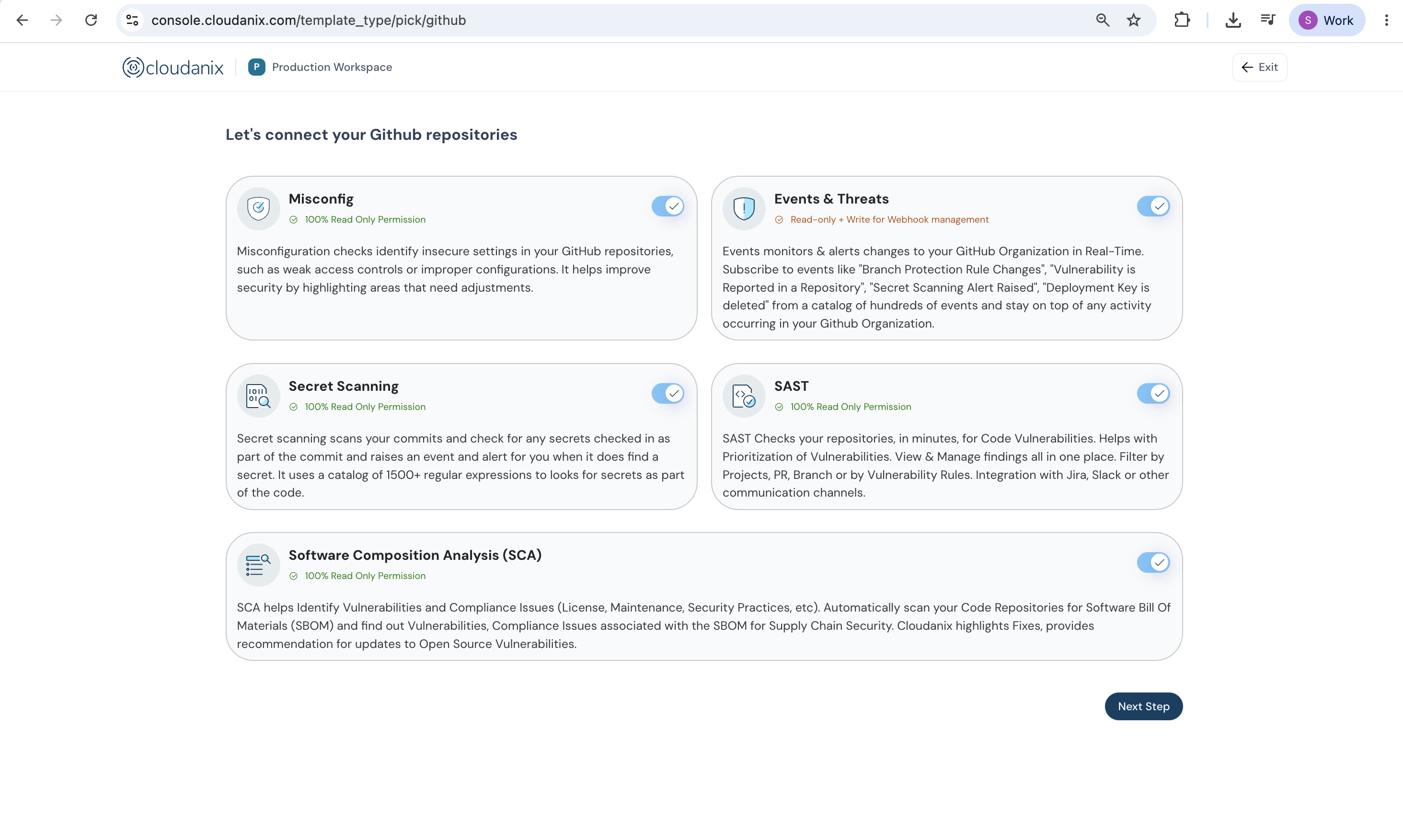 GitHub onboarding step with toggles for Misconfig, Events & Threats, Secret Scanning, SAST and Software Composition Analysis, each showing its permission level