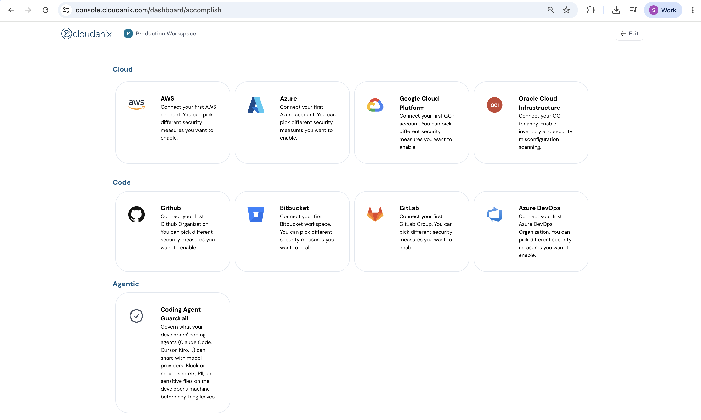 Onboarding wizard listing Cloud, Code and Agentic providers, with GitHub, Bitbucket, GitLab and Azure DevOps under Code