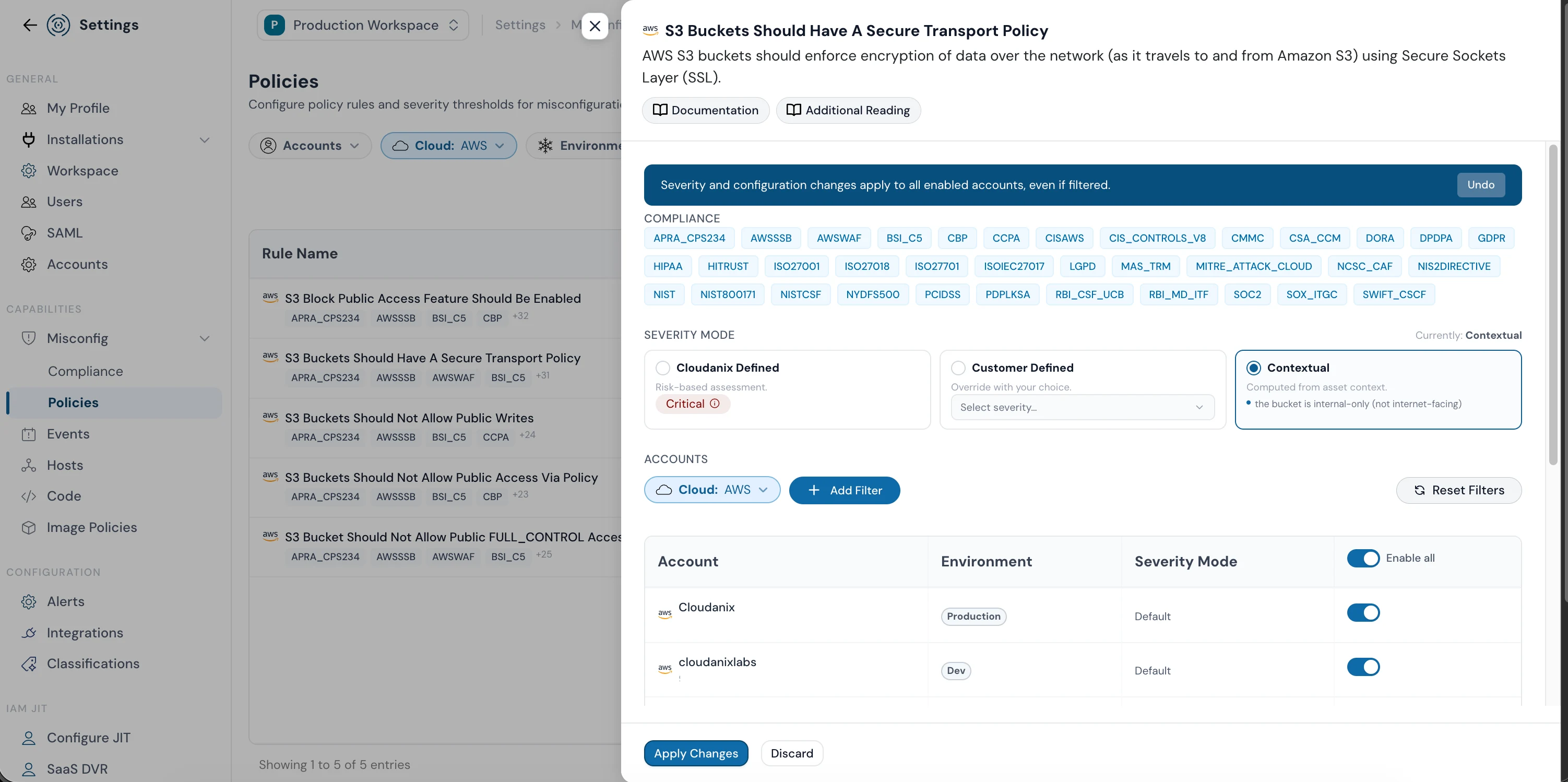 Cloudanix Contextual Severity — Per-asset severity mode with the reasoning attached